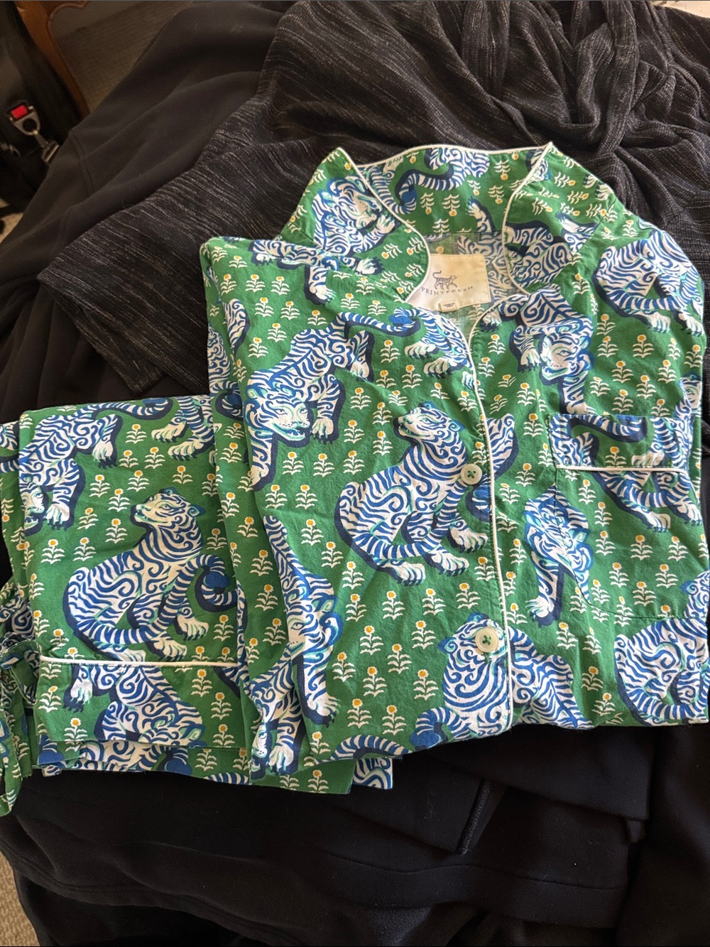 Printfresh Green Tiger-Print Women’s Pajama Set with Blue Accents